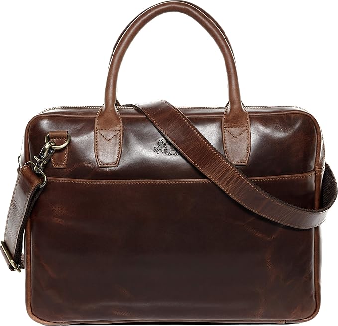 SID & VAIN laptop bag BOSTON Large business office work bag laptop case real leather briefcase leather bag Unisex brown