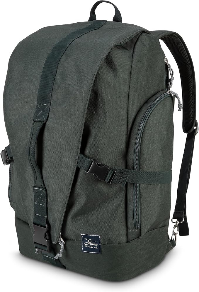 Skyway Luggage Rainier Weekender Backpack, Eco-Friendly, Made of 100% rPET Travel Laptop Bag for Women & Men, Flight Approved Carry On Bag, 43L, Olympic Green