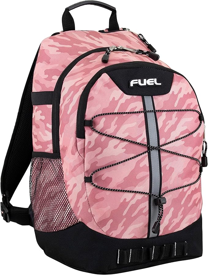 FUEL Hiking Backpack for Women Men Terra Sport, Travel, College, Gym, Work with Laptop Sleeve, Bungee, 18 Inches, Pink Camo