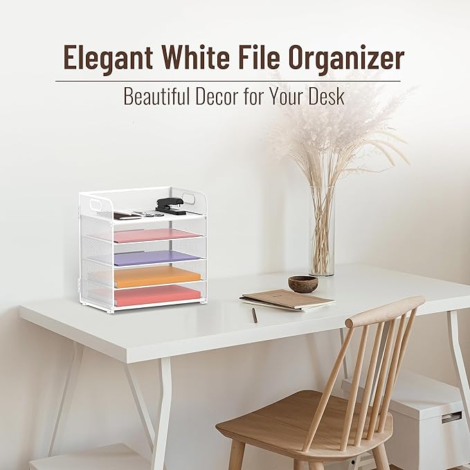 2 Pack 5-Tier White Desk Organizer with Handle Mesh Desk File/Paper Organizer Letter Tray for Office, School and Home Easy Installation