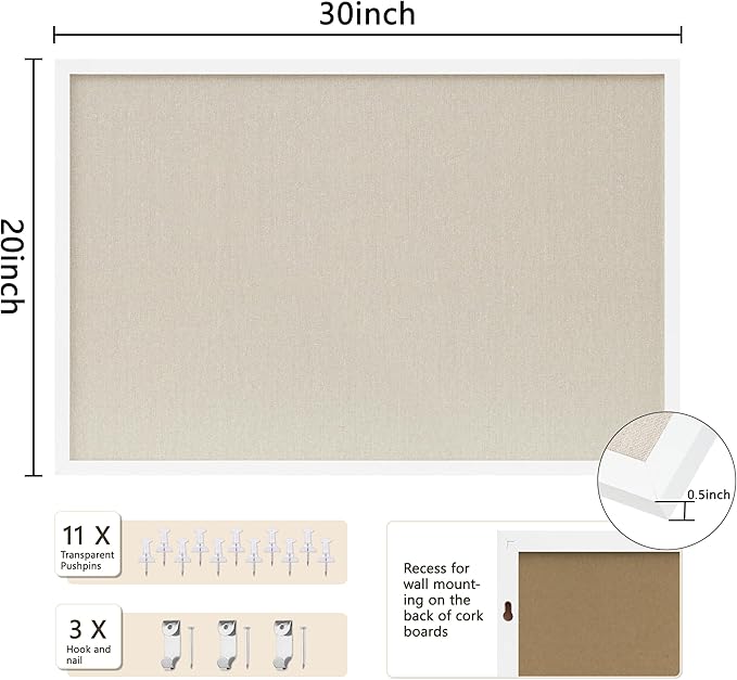 Cork Board with Linen White,Bulletin Board 30"x20" Hanging Corkboards for Office Home School Message Board or Vision Board Decoration.