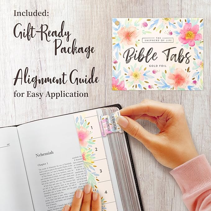 Gold Floral Bible Tabs for Women - Soul Nourishing Book Summaries - 66 Peel-and-Stick Large Print Laminated Bible Tabs | Bible Study Supplies Pink, Journaling Accessories, Gifts, The Shepherd of Life