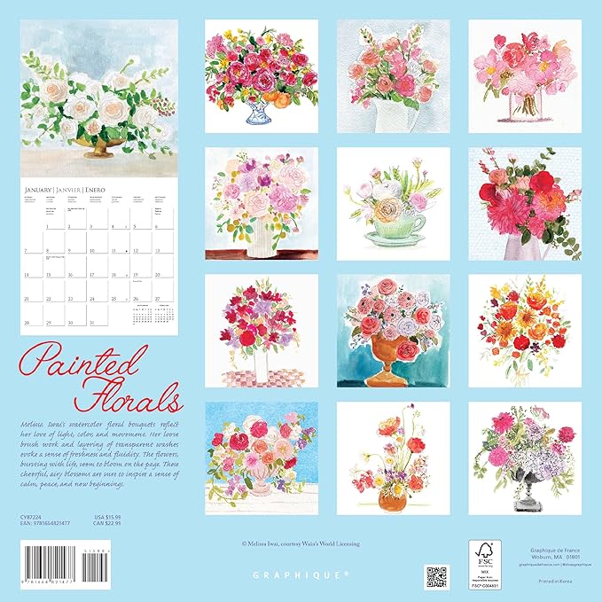 Graphique 2024 Painted Florals Wall Calendar | 12” x 12” | Thick Paper | Home & Office Organizer | Large Monthly Grid | 3 Languages & Marked Holidays | 4 Month Preview Page for 2025