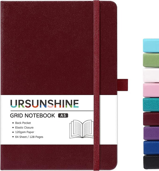 Graph Grid Paper Notebook/Journal - Classic Journal/Notebook with Ribbon Divider, Hardcover with Thick Paper, 5.3" x 8.26", Banded + Pen Holder +Inner Pocket - Burgundy