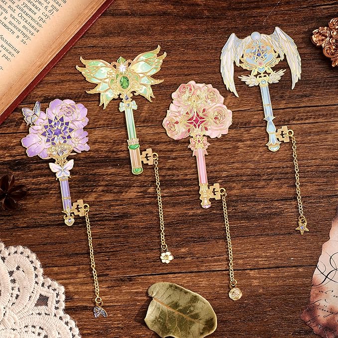 4pcs Metal Bookmarks Set for Reading Women and Men, Enchanted Floral Wing Key Magic Reading Accessories, Fantasy Book Marks Gifts for Book Lovers Readers Kids Page Holders with Flower Feather Designs