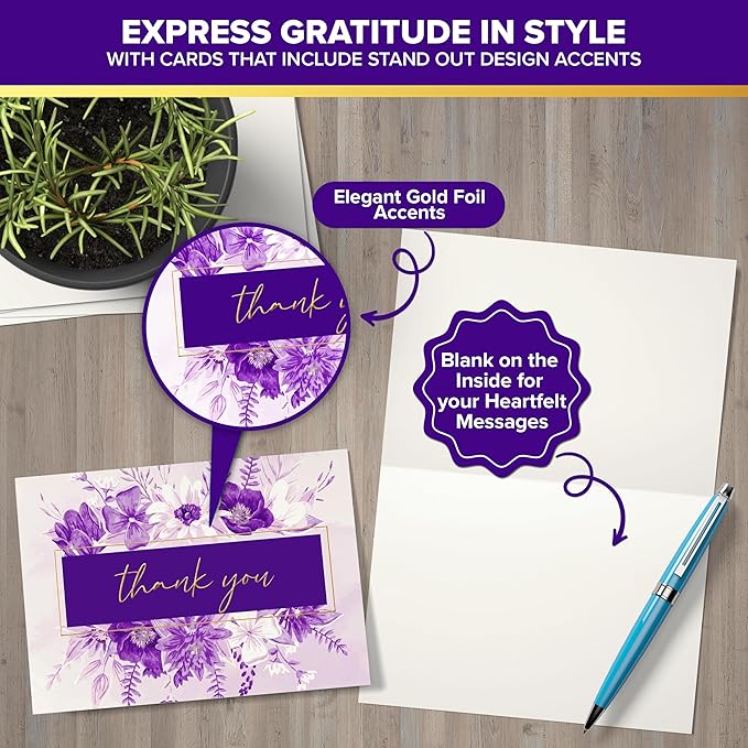 Decorably 24 Pack Gold-Foiled 6x4in Purple Thank You Cards with Envelopes and Stickers, 6 Elegant Designs Lavender Thank You Cards, Blank Inside - Wedding, Baby Shower