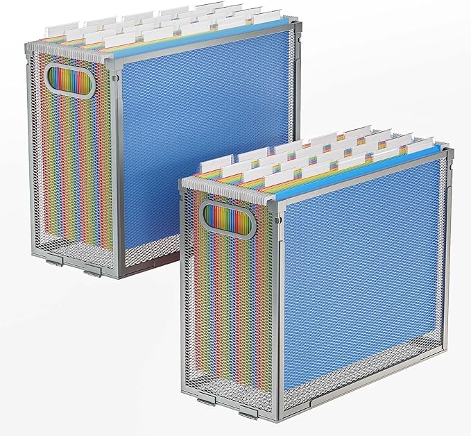 Oterri Hanging File Organizer, Metal File Organizer, Portable Desktop File Organizer for Letter Size Folder, Mesh Hanging File Crate for Office/Home/School,Folders Not Included(Gray,2 Pack)