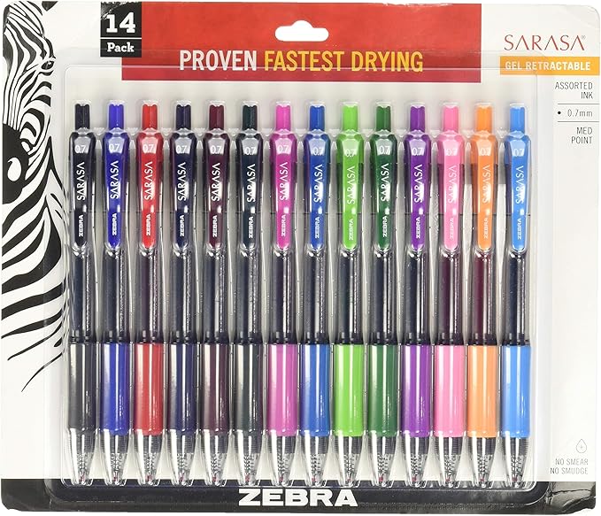Zebra Pen Sarasa Dry X20 Retractable Gel Pen, Medium Point, 0.7mm, Assorted Fashion Color Ink, 14-Pack