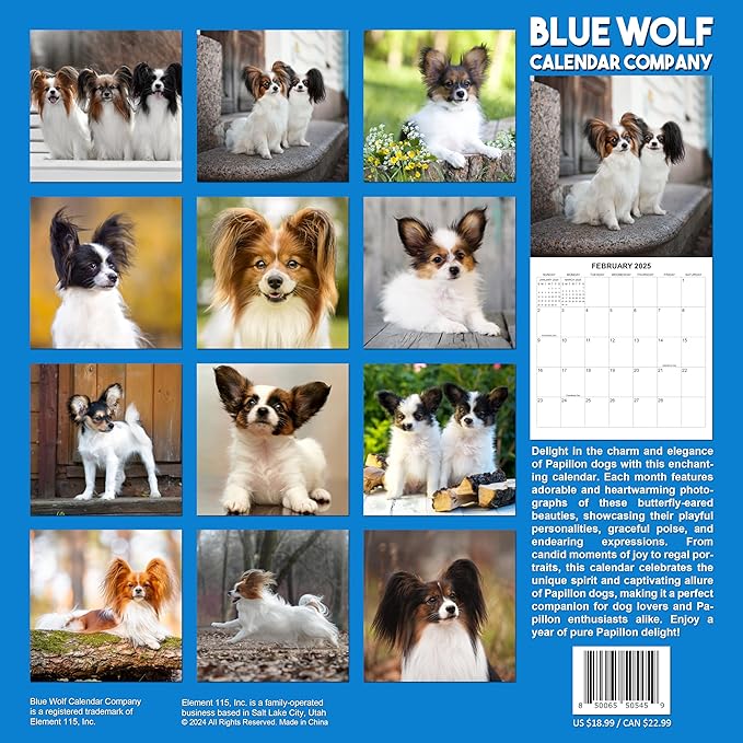 2025 Papillons Monthly Wall Calendar | 12" x 24" | Thick Sturdy Paper | Dog Calendar 2024-2025