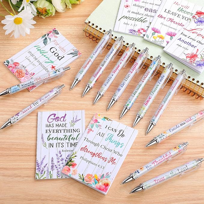 Colarr 24 Pcs Christian Bulk Gifts for Women Men Bible Verse Pens and Notebooks Religious Easter Gifts Scripture Ballpoint Pens Journals Sunday School Church Inspirational Study Supplies(Floral)