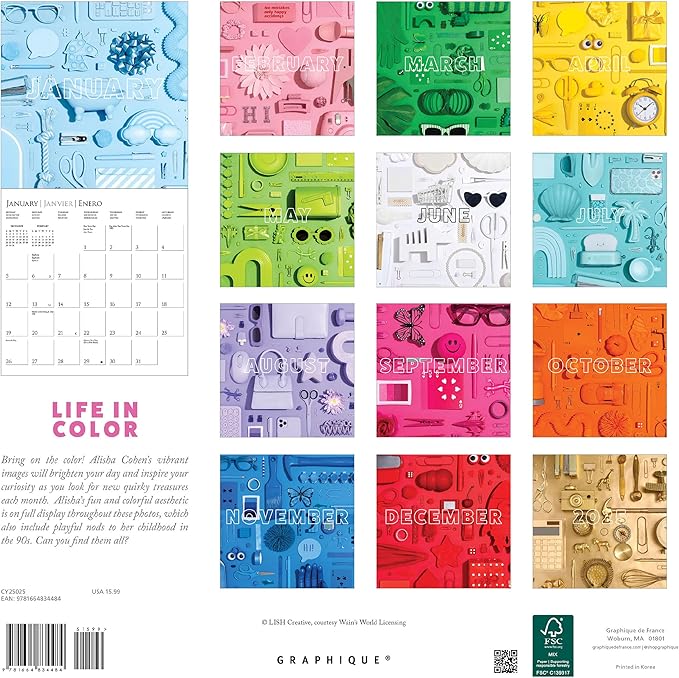 Graphique 2025 Life in Color Wall Calendar | 12” x 12” | Thick Paper | Home & Office Organizer | Large Monthly Grid | 3 Languages & Marked Holidays | 4 Month Preview Page for 2026