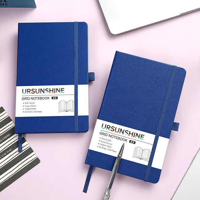 Graph Grid Paper Notebook/Journal - Classic Journal/Notebook with Ribbon Divider, Hardcover with Thick Paper, 5.3" x 8.26", Banded + Pen Holder +Inner Pocket - Deep Blue