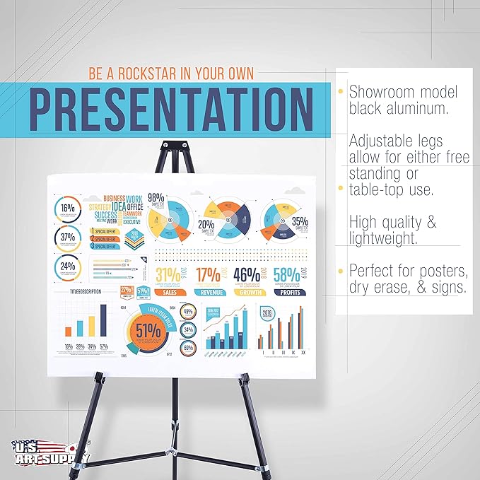 U.S. Art Supply 66" High Showroom Black Aluminum Display Easel and Presentation Stand (Pack of 10) - Large Adjustable Height Portable Floor and Tabletop Tripod, Holds 25 lbs, Paintings, Signs, Posters