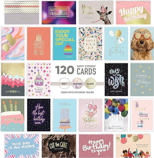 easykart labels 120 Unique Birthday Cards Assortment with Greetings Inside. For Businesses and Individuals, 4x5.5 Inch Assorted Foiling Cards with Envelope with Sealing Stickers