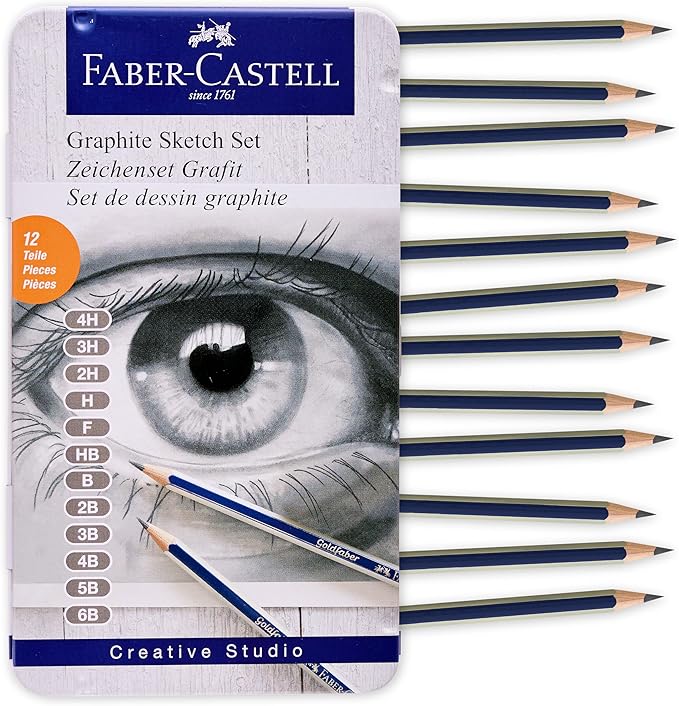 Faber-Castell Graphite Pencils Drawing Set: 12 Art Pencils for Sketching (4H, 3H, 2H, H, F, HB, B, 2B, 3B, 4B, 5B, and 6B), Shading Pencils for Drawing and Sketching, Graphite Drawing Kit, FC900012