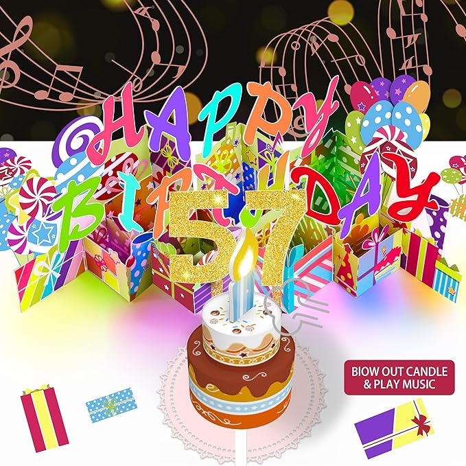 Gumry 57TH Musical Birthday PopUp Card, Blowable Colorful Light Candle 3D Cards with Song, Applause Cheers Sound, Greeting Cards Birthday Gifts Decorations for Women Men Turning 57 Years Old