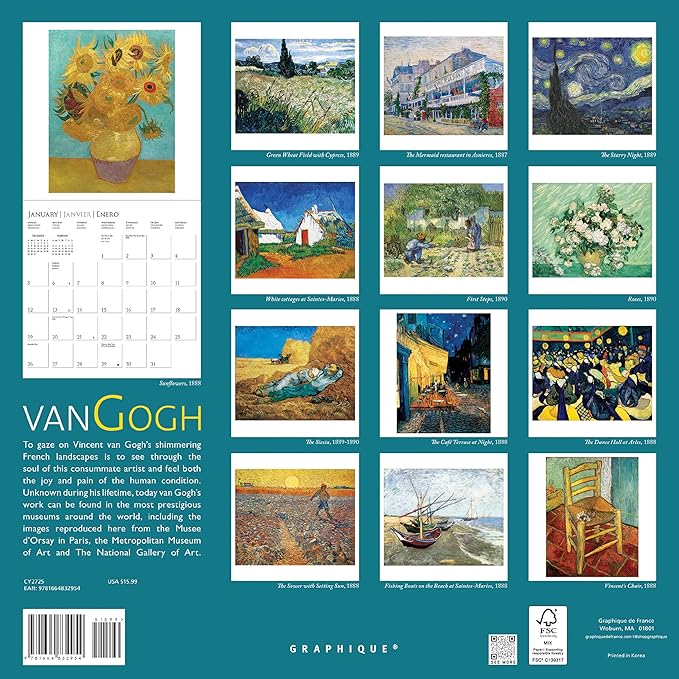 Graphique 2025 van Gogh Wall Calendar | 12” x 12” | Thick Paper | Home & Office Organizer | Large Monthly Grid | 3 Languages & Marked Holidays | 4 Month Preview Page for 2026