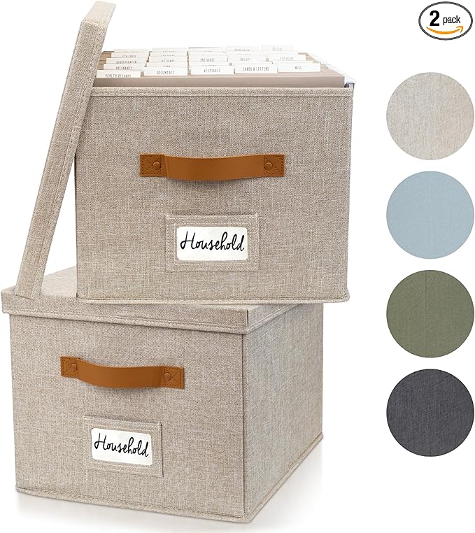 ZICOTO Decorative File Organizer Box Set of 2 - Collapsible Linen Filing Cabinets w/Handles Are Perfect to Store all Your Documents & Hanging File Folders - Portable Easy Slide Crates with Lid