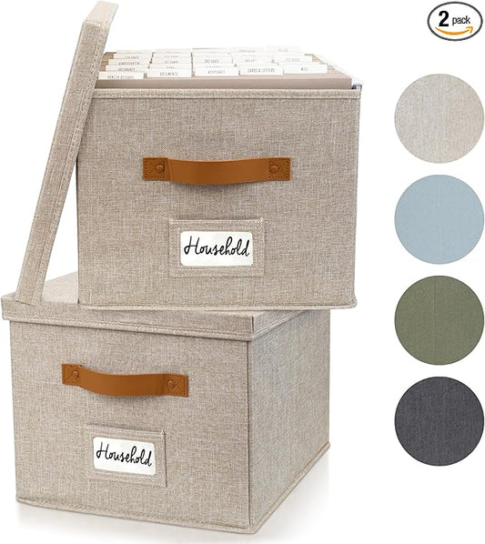 ZICOTO Decorative File Organizer Box Set of 2 - Collapsible Linen Filing Cabinets w/Handles Are Perfect to Store all Your Documents & Hanging File Folders - Portable Easy Slide Crates with Lid