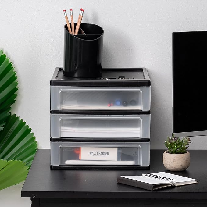 IRIS USA Plastic Stacking Desk Top 3-Drawer Storage Organizer, 1-Pack, for Makeup Vanity Nail Polish Bathroom Stationery Art Craft Supplies Kitchen Office Garage and Small Organization, Medium, Black