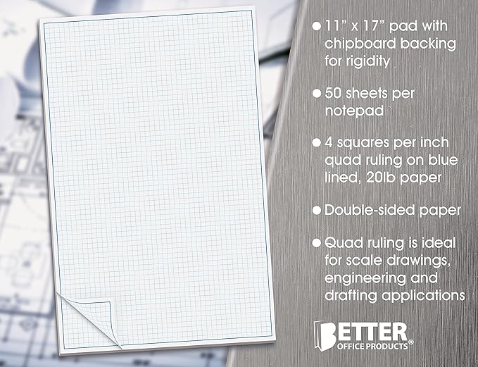 Graph Paper Pad, 17" x 11", 50 Sheets, Blue Line Border, Blueprint Paper, Double Sided, White, 4x4 Blue Quad Rule, Easy Tear Sheets, Grid Paper, Graph Paper by Better Office Products