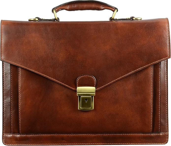 Time Resistance Leather Briefcase for Men - Business Laptop Bag - Italian Handmade Leather Bag - Attache - Gift Box Included