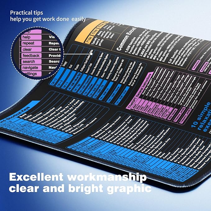 Waterproof mouse pad—Excel Cheat Sheet Desk pad—Contains Various commonly Use Office Software Such as Excel, Word, etc—Large XXL (35.45" x 15.75")|Office Keyboard and mouse pad|excel Shortcut mousepad