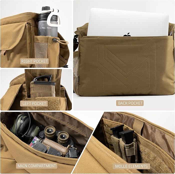 Crossbody Bag for Men and Women, Tactical Style Shoulder Bags, Laptop Messenger Bag Satchel Briefcase, for Work Travel Outdoor - Brown