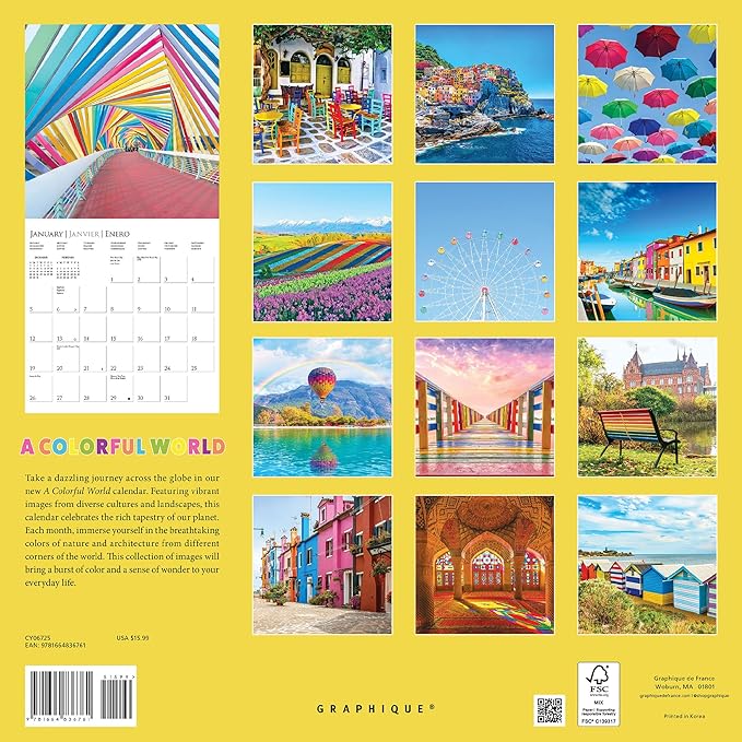 Graphique 2025 A Colorful World Wall Calendar | 12” x 12” | Thick Paper | Home & Office Organizer | Large Monthly Grid | 3 Languages & Marked Holidays | 4 Month Preview Page for 2026