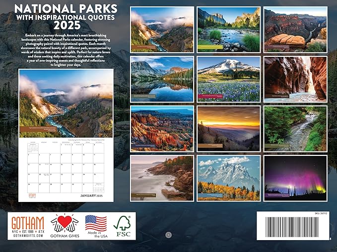 National Parks Inspirational Quotes Calendar 2025 Monthly Wall Calender Nature 12 Month | American Made In The USA
