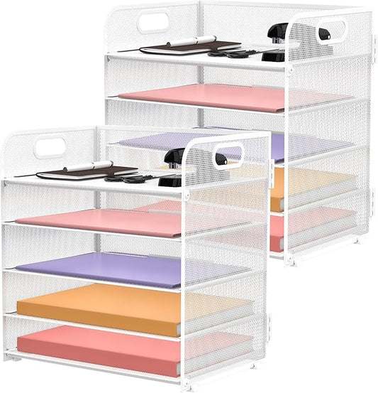 2 Pack 5-Tier White Desk Organizer with Handle Mesh Desk File/Paper Organizer Letter Tray for Office, School and Home Easy Installation