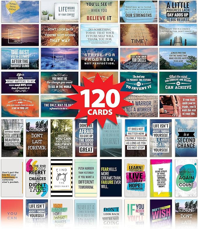 Better Office Products Motivation Inspiration Affirmation Cards, 120 Pack, 2 Each of 60 Unique Assorted Designs, Encouragement Card Deck, 2" x 3.5" (Business Card Size)