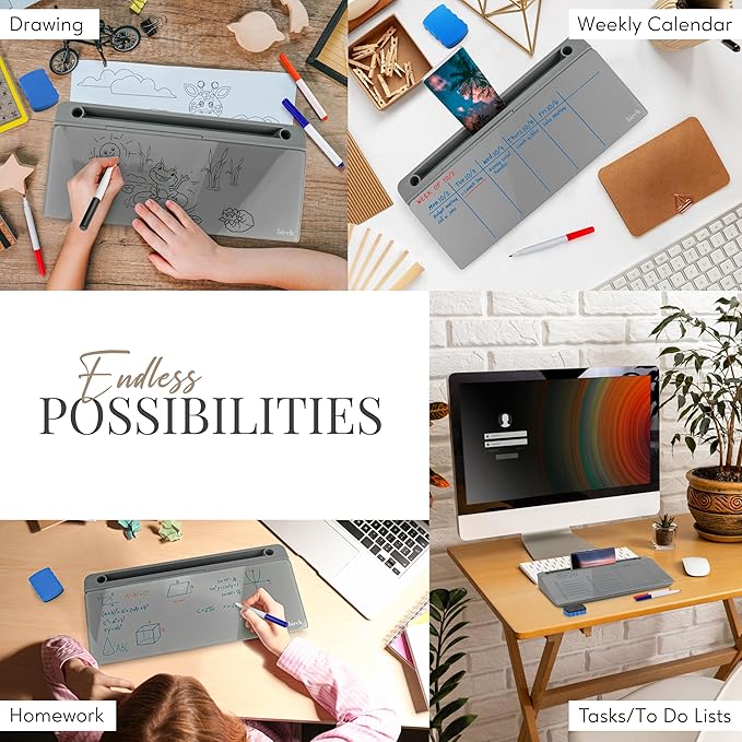 Birch Desktop Whiteboard with Storage & Multiple Markers Surface Desktop Glass Dry Erase Board Desk Top White Board Dry Erase Notepad Desk White Board Tabletop Desk Whiteboard (Charcoal)