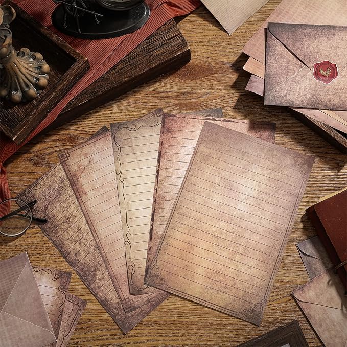 TaoBary 160 Packs Stationery Paper Set (50 Double Sided Stationery Writing Papers 50 Matching Envelopes) 60 Round Dot Sticker, 10 Design(Vintage Antique,5.5 x 8.25 Inch)