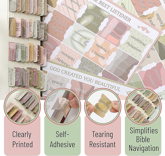 Mr. Pen- Bible Tabs with 2 Bookmark, 75 Tabs, Boho Theme, Laminated Bible Tabs for Women and Men, Bible Tabs for Study Bible, Bible Index Tabs, Bible Book Tabs, Bible Labels Tabs, Mr Pen Bible Tabs