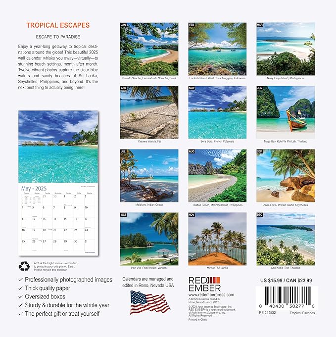 RED EMBER Tropical Escapes 2025 Wall Calendar 12 Month | 12" x 24" Open | Thick & Sturdy Paper | Giftable | Calendar 2025