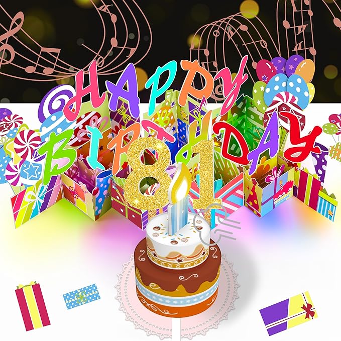 Gumry 81ST Musical Birthday PopUp Card, Blowable Colorful Light Candle 3D Cards with Song, Applause Cheers Sound, Greeting Cards Birthday Gifts Decorations for Women Men Turning 81 Years Old