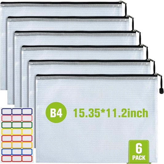 Mesh Zipper Pouch, 6PCS Waterproof Plastic Mesh ZipperBag, B4 Size Tear-Resistant Document Pouch, Extra Large Zip File Bags, for School Office Supplies Home Travel Storage(15.35×11.22 Inch)