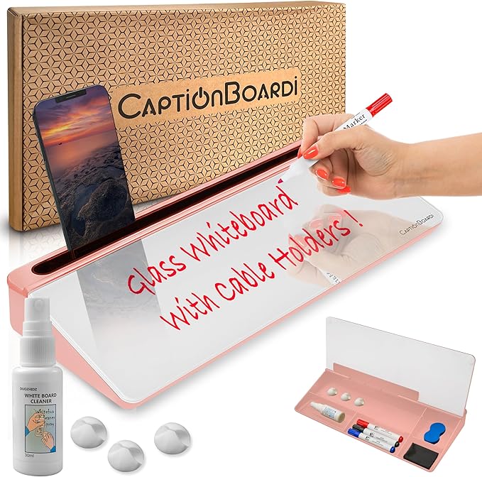 15-Inch Desktop Whiteboard - Glass Dry Erase Board for Desk Whiteboard with Stand with 3 Markers, Spray Bottle, 3 Cable Holders & Storage Box Work from Home Office Gadgets, Peach