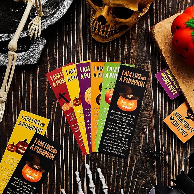 Gueevin 60 Pieces Halloween Bookmarks Pumpkin Bible Verses Bookmarks Christian Bookmarks Religious Book Markers for Women Girl Book Lovers Church Baptism Christian Halloween Gifts