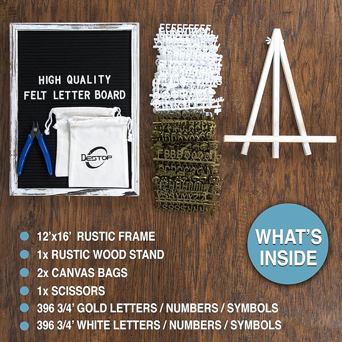 Felt Letter Board with Rustic Vintage Frame and Stand 12x16 inch,Black Changeable Letter and Message Board Includes 792 Letters, Numbers and Symbols, Hook to Hang, 2 Canvas Bags