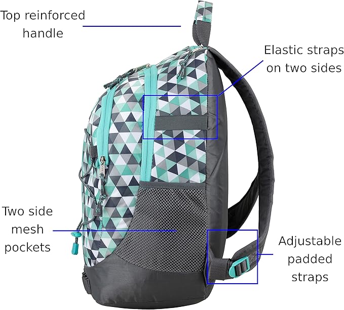 FUEL Hiking Backpack for Women Men Terra Sport, Travel, College, Gym, Work with Laptop Sleeve, Bungee, 18 Inches, Blue Diamond Crystal