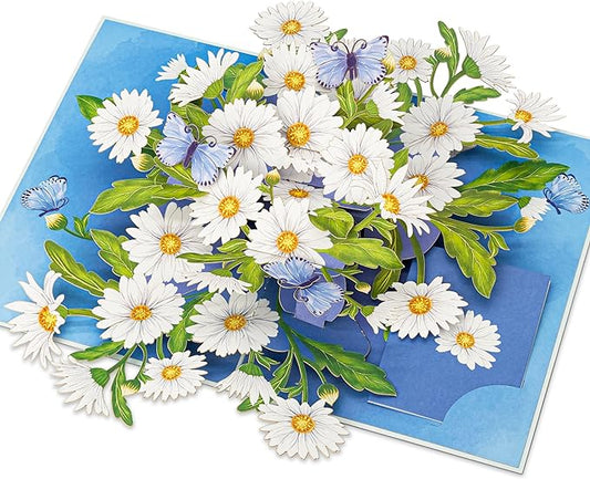 Daisy Pop Up Cards, White Daisy, Butterfly, 3D Greeting Cards, Gifts for Birthday, Mothers Day, Valentines Day, Mom, Wife, Girlfriend, Sister, 5x7 - Includes Envelope And Message Note