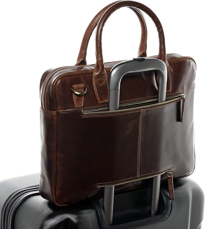 SID & VAIN laptop bag BOSTON Large business office work bag laptop case real leather briefcase leather bag Unisex brown