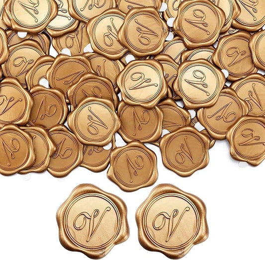 Yoption Initial Alphabet V Wax Seal Stickers, 25 Pack Antique Gold Letter Wax Seal Stickers Envelope Seals Self Adhesive Wax Stickers for Wedding Party Birthday Christmas (V)