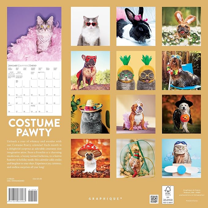 Graphique 2025 Costume Pawty Wall Calendar | 12” x 12” | Thick Paper | Home & Office Organizer | Large Monthly Grid | 3 Languages & Marked Holidays | 4 Month Preview Page for 2026