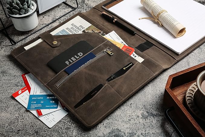 Personalized Leather Portfolio for Men, Engraved Leather Clipboard Portfolio Binder, Custom Leather Resume Padfolio for Women, Christmas Gift for His/Her (Clipboard, Grey-Custom)