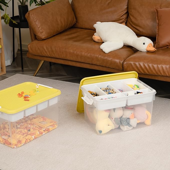 Citylife 32 QT Plastic Storage Box with Removable Tray Craft Organizers and Storage Clear Storage Container for Organizing Bead, Tool, Sewing, Playdoh, 2 Packs-Yellow