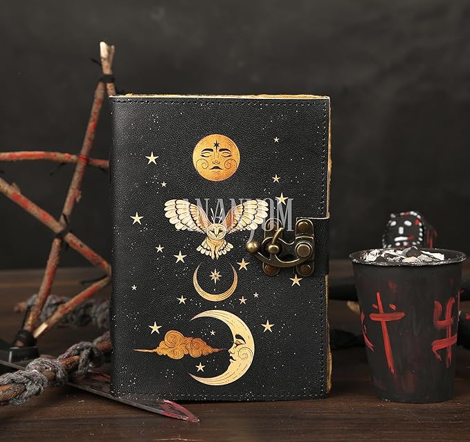 Handmade Leather Journal, Black, Sun & Moon Design, 8 x 6 Inch, 200 Unruled Pages, Hand Embossed, Deckle Edge Paper, Brass Clasp Lock, Vintage Notebook Diary, Sketchbook for Artists & Writers