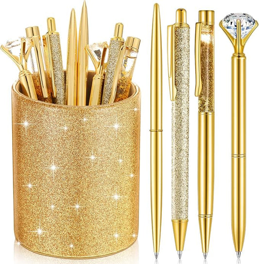 Sabary 8 Pcs Ballpoint Pens with Pen Holder for Desk Glitter Crystal Diamond Fancy Pencil Holder Bling Desk Organizer Cute Stationery Supplies for Women Girls Wedding Office School Gifts(Gold)